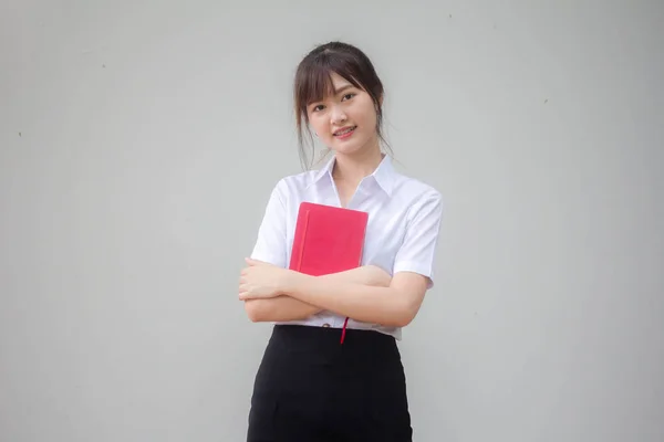 Tailandês Adulto Estudante Universidade Uniforme Bela Menina Vermelho Livro — Fotografia de Stock