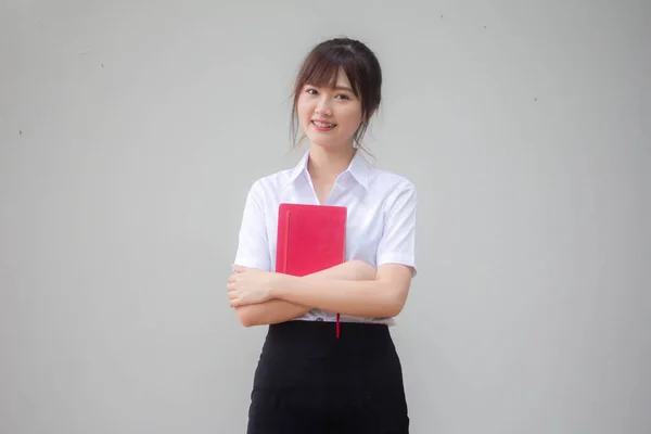 Thajská Dospělá Studentská Univerzita Uniforma Krásná Dívka Červená Kniha — Stock fotografie
