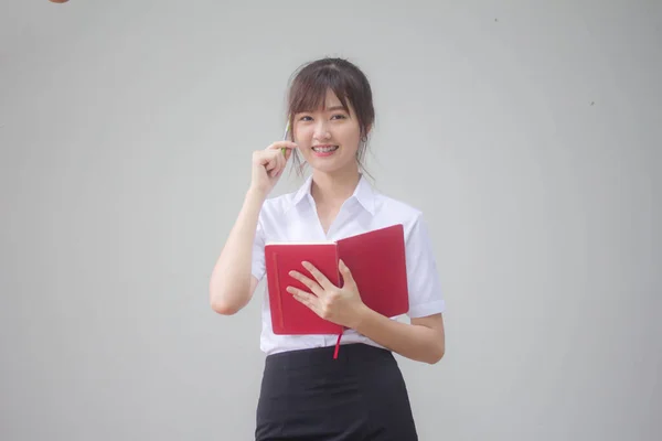 Retrato Tailandês Adulto Estudante Universidade Uniforme Bela Menina Escrever Livro — Fotografia de Stock