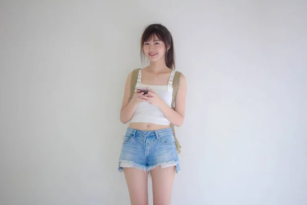 Linda Tailandesa Menina Turistas Escocês Branco Camisa Azul Jeans Usando — Fotografia de Stock