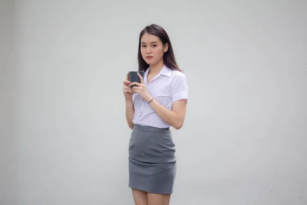 Retrato Tailandés China Adulto Oficina Chica Blanca Camisa Beber Café —  Fotos de Stock