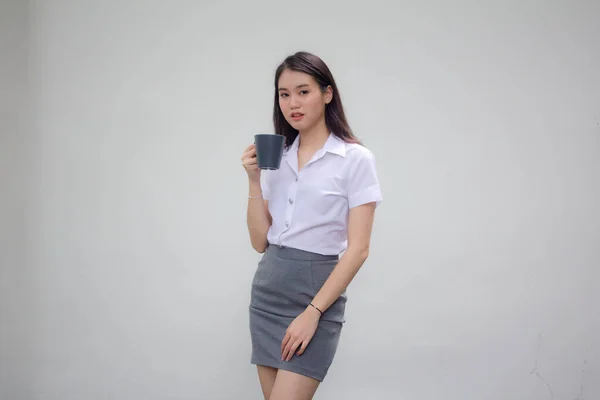 Retrato Tailandés China Adulto Oficina Chica Blanca Camisa Beber Café —  Fotos de Stock