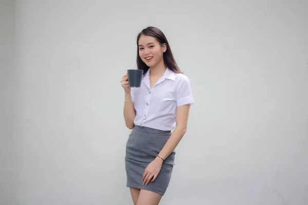 Portrait Thai China Adult Office Girl White Shirt Drinking Coffee — Stock Photo, Image