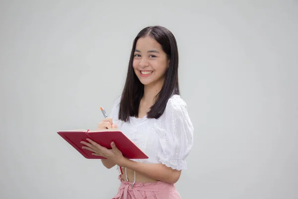 Ásia Tailandês Adolescente Branco Shirt Bela Menina Escreva Livro — Fotografia de Stock