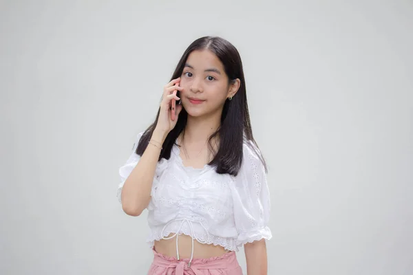 Asiatisch Thai Japanisch Teen Weiß Shirt Hübsch Mädchen Calling Smart — Stockfoto