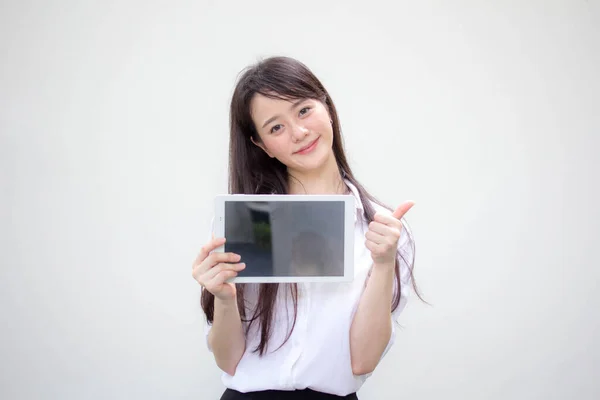 Retrato Tailandês China Adulto Escritório Menina Branca Camisa Mostrar Seu — Fotografia de Stock