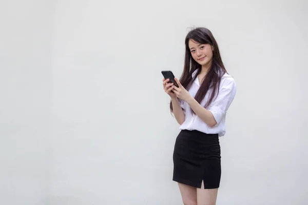 Portrait Thai China Adult Office Girl White Shirt Using Her — Stock Photo, Image