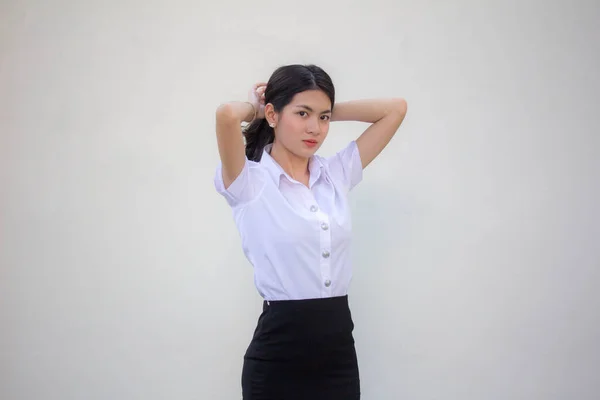Thai Vuxen Student Universitet Uniform Vacker Flicka Hår Slips — Stockfoto
