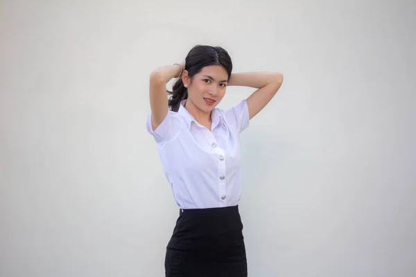 Tailandês Adulto Estudante Universidade Uniforme Bela Menina Laço Cabelo — Fotografia de Stock