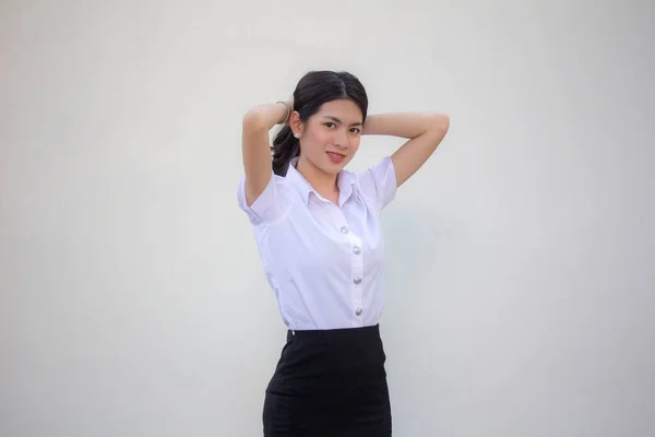 Tailandês Adulto Estudante Universidade Uniforme Bela Menina Laço Cabelo — Fotografia de Stock