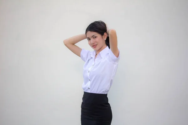 Thai Volwassen Student Universiteit Uniform Mooi Meisje Haar Das — Stockfoto