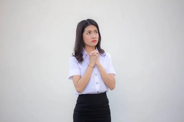 Thai Ενηλίκων Φοιτητής Πανεπιστήμιο Στολή Όμορφο Κορίτσι Προσεύχομαι — Φωτογραφία Αρχείου