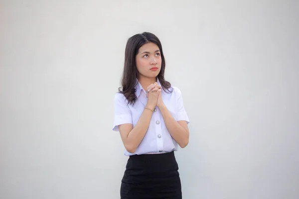 Tailandês Adulto Estudante Universidade Uniforme Bela Menina Rezar — Fotografia de Stock