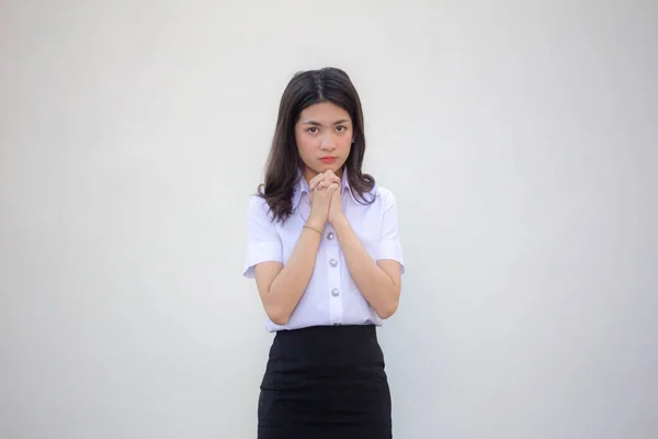 Tailandês Adulto Estudante Universidade Uniforme Bela Menina Rezar — Fotografia de Stock