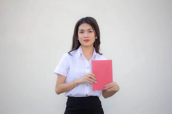 Thai Adult Student University Uniform Beautiful Girl Show Red Book — Stock Photo, Image