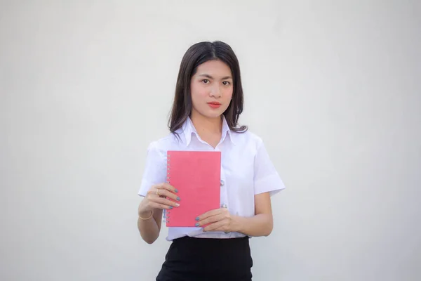 Tailandês Adulto Estudante Universidade Uniforme Bela Menina Mostrar Vermelho Livro — Fotografia de Stock