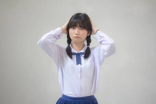 Retrato Tailandês Estudante Ensino Médio Uniforme Menina Bonita Pense — Fotografia de Stock