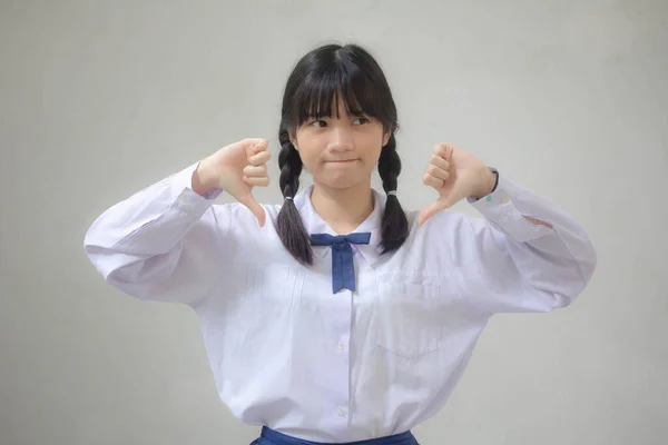 Retrato Tailandês Estudante Ensino Médio Uniforme Bela Menina Não Gosta — Fotografia de Stock