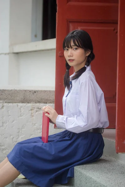 Thai High School Student Uniform Teen Schöne Mädchen Glücklich Und — Stockfoto