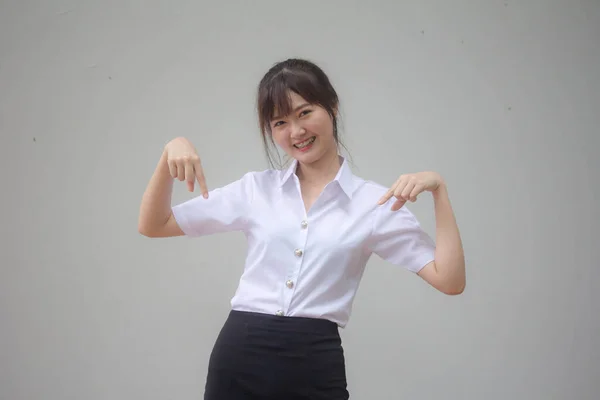 Tailandês Adulto Estudante Universidade Uniforme Bela Menina Apontando — Fotografia de Stock