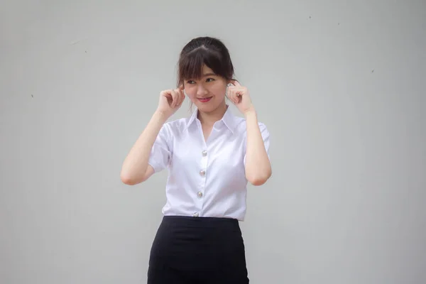 Tailandês Adulto Estudante Universidade Uniforme Bela Menina Não Ouvir — Fotografia de Stock