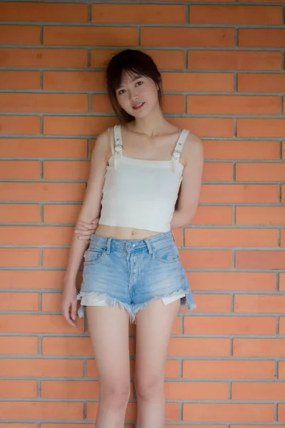 Asia Thai Japansk Tonåring Vit Shirt Vacker Flicka Glad Och — Stockfoto