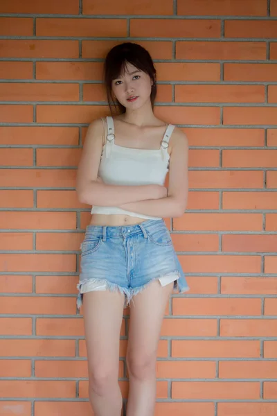 Asia Thajská Japonská Dospívající Bílý Shirt Krásný Dívka Šťastný Relax — Stock fotografie
