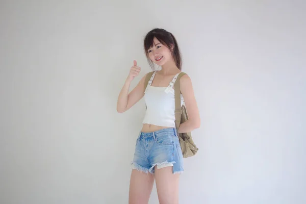 Vacker Thailändsk Flicka Turister Skotsk Vit Skjorta Blå Jeans Som — Stockfoto