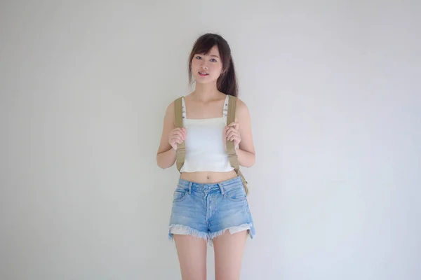 Vacker Thailändsk Flicka Turister Skotsk Vit Skjorta Blå Jeans Koppla — Stockfoto