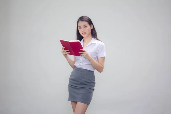 Portrait Thai Adult Working Women White Shirt Reading Red Book — Stock Photo, Image