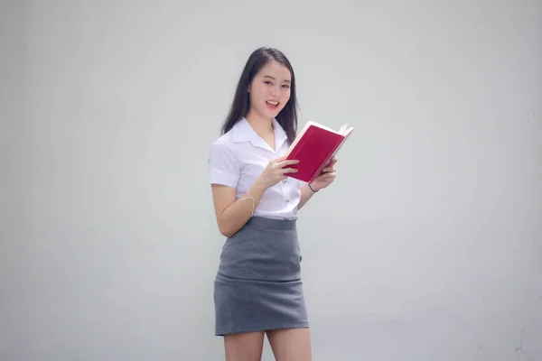 Portrait Thai Adult Working Women White Shirt Reading Red Book — Stock Photo, Image