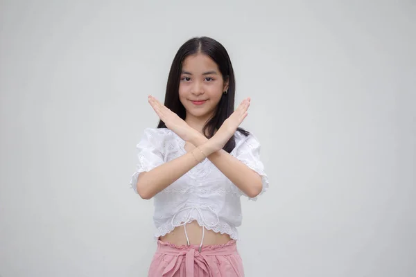 Ásia Tailandês Adolescente Branco Shirt Bela Menina Parar — Fotografia de Stock