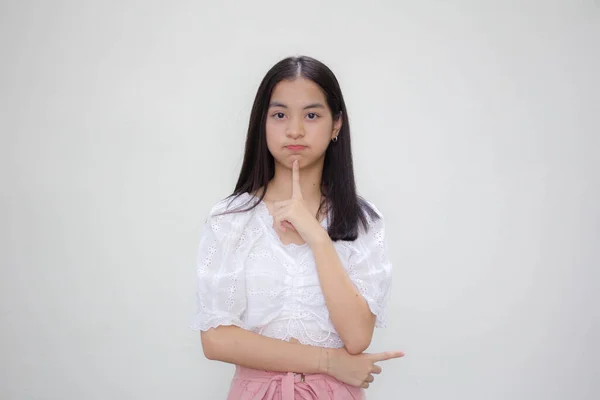 Azjatycki Tajski Nastolatek Biały Shirt Piękna Dziewczyna Cicho — Zdjęcie stockowe