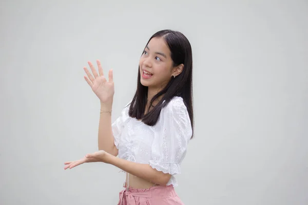 Asiatisch Thai Teen Weiß Shirt Hübsch Mädchen Zeigen Hand — Stockfoto