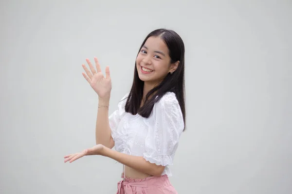 Asia Thai Teen White Shirt Beautiful Girl Show Hand — Stock Photo, Image