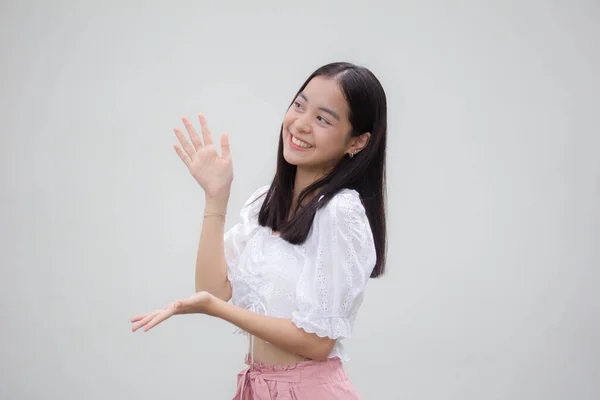 Ásia Tailandês Teen Branco Shirt Bela Menina Mostrar Mão — Fotografia de Stock