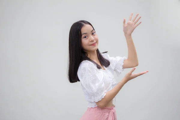 Asia Thai Teen White Shirt Beautiful Girl Show Hand — Stock Photo, Image