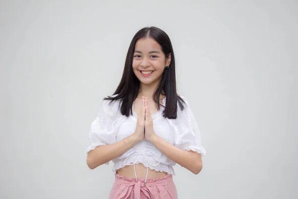 Ásia Tailandês Adolescente Branco Shirt Bela Menina Tailandês Pagar Respeito — Fotografia de Stock