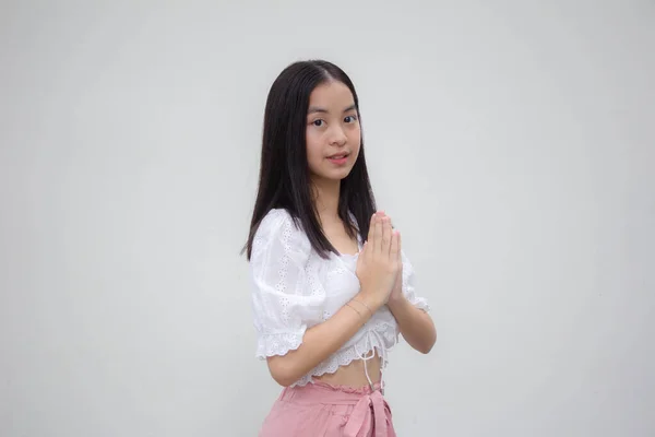 Asiatisch Thai Teen Weiß Shirt Hübsch Mädchen Thai Pay Respect — Stockfoto