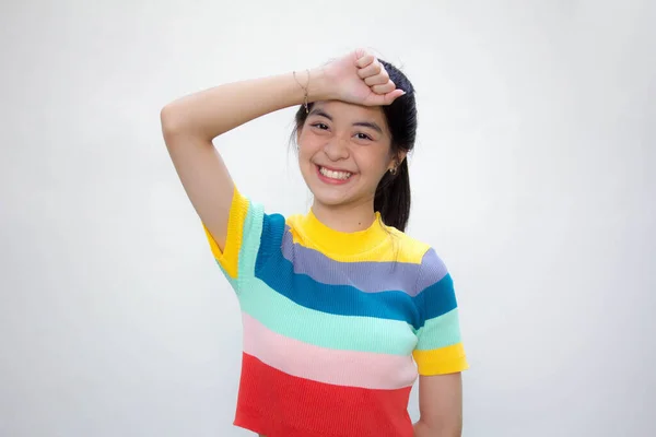 Ásia Tailandês Adolescente Cor Shirt Bela Menina Pensar — Fotografia de Stock