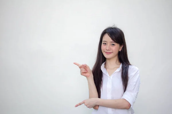 Portrait Thai Adult Working Women White Shirt Pointing — Stock Photo, Image