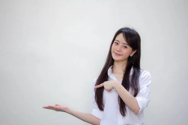 Portrait Thai Adult Working Women White Shirt Show Hand — Stock Photo, Image