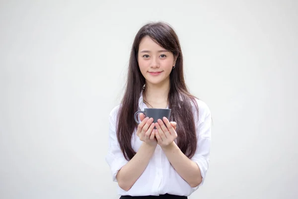 Retrato Tailandês China Adulto Escritório Menina Branco Camisa Beber Café — Fotografia de Stock