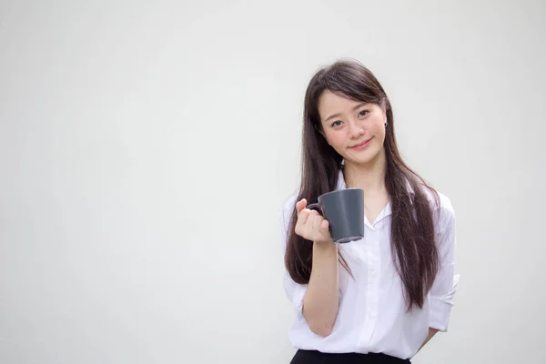 Portrait Thai China Adult Office Girl White Shirt Drinking Coffee — Stock Photo, Image