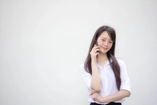 Retrato Tailandês China Adulto Escritório Menina Branca Camisa Andar Chamando — Fotografia de Stock