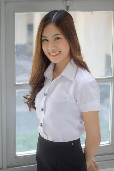 Thajský Dospělý Student Univerzita Uniforma Krásný Dívka Relax Úsměv — Stock fotografie