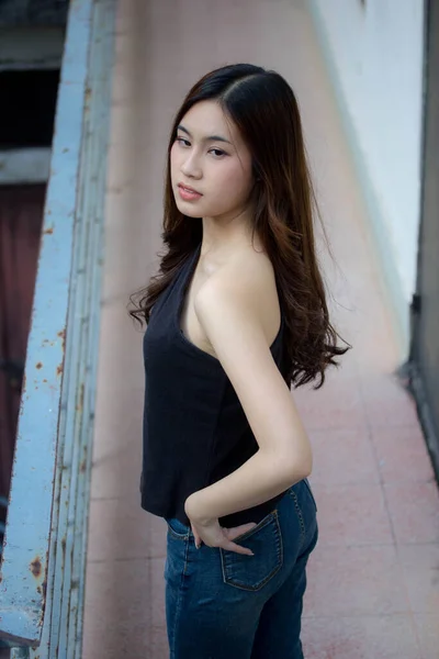 Portrait Thai China Adult Beautiful Girl Black Shirt Blue Jeans — Stock Photo, Image