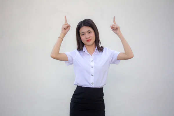 Tailandês Adulto Estudante Universidade Uniforme Bela Menina Apontando — Fotografia de Stock