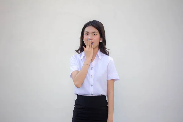Tailandês Adulto Estudante Universidade Uniforme Bela Menina Não Falar — Fotografia de Stock