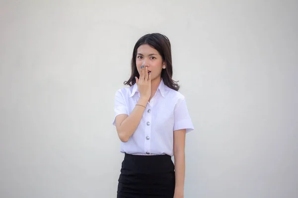 Tailandês Adulto Estudante Universidade Uniforme Bela Menina Não Falar — Fotografia de Stock